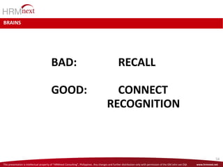 This presentation is intellectual property of “HRMnext Consulting”, Philippines. Any changes and further distribution only with permission of the GM John van Dijk www.hrmnext.net
54
BRAINS
BAD: RECALL
GOOD: CONNECT
RECOGNITION
 