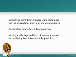Monitoring current performance using techniques
such as observation, interviews and questionnaires
Anticipating future sho...