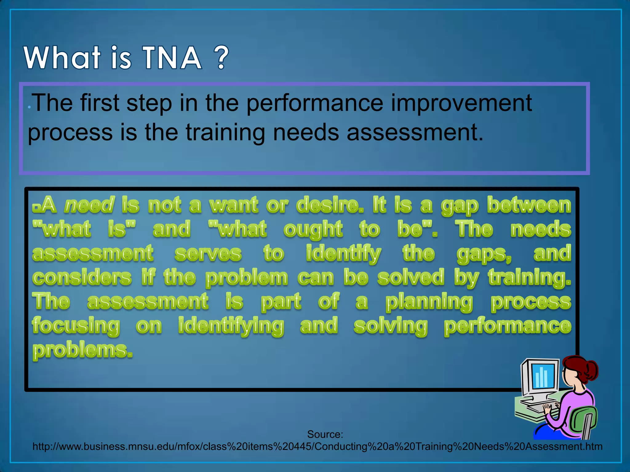 The first step in the performance improvement
•

process is the training needs assessment.




                                                        Source:
    http://www.business.mnsu.edu/mfox/class%20items%20445/Conducting%20a%20Training%20Needs%20Assessment.htm
 