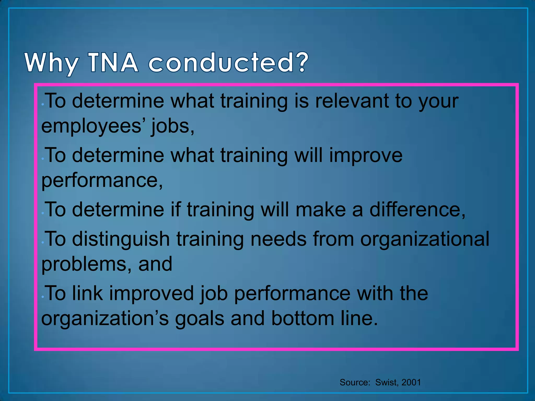 •To determine what training is relevant to your
employees’ jobs,
•To determine what training will improve

performance,
•To determine if training will make a difference,


•To distinguish training needs from organizational

problems, and
•To link improved job performance with the

organization’s goals and bottom line.

                                 Source: Swist, 2001
 
