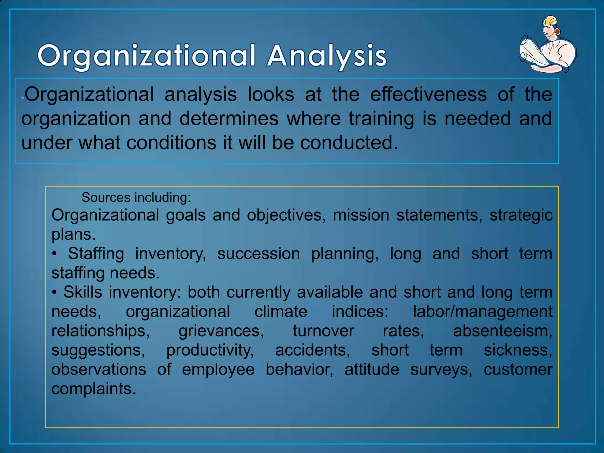 Organizational analysis looks at the effectiveness of the
•

organization and determines where training is needed and
under what conditions it will be conducted.

        Sources including:
    Organizational goals and objectives, mission statements, strategic
    plans.
    • Staffing inventory, succession planning, long and short term
    staffing needs.
    • Skills inventory: both currently available and short and long term
    needs, organizational climate indices: labor/management
    relationships,    grievances,     turnover    rates,    absenteeism,
    suggestions, productivity, accidents, short term sickness,
    observations of employee behavior, attitude surveys, customer
    complaints.
 