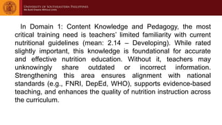In Domain 1: Content Knowledge and Pedagogy, the most
critical training need is teachers’ limited familiarity with current
nutritional guidelines (mean: 2.14 – Developing). While rated
slightly important, this knowledge is foundational for accurate
and effective nutrition education. Without it, teachers may
unknowingly share outdated or incorrect information.
Strengthening this area ensures alignment with national
standards (e.g., FNRI, DepEd, WHO), supports evidence-based
teaching, and enhances the quality of nutrition instruction across
the curriculum.
 