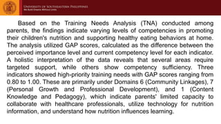 Based on the Training Needs Analysis (TNA) conducted among
parents, the findings indicate varying levels of competencies in promoting
their children's nutrition and supporting healthy eating behaviors at home.
The analysis utilized GAP scores, calculated as the difference between the
perceived importance level and current competency level for each indicator.
A holistic interpretation of the data reveals that several areas require
targeted support, while others show competency sufficiency. Three
indicators showed high-priority training needs with GAP scores ranging from
0.80 to 1.00. These are primarily under Domains 6 (Community Linkages), 7
(Personal Growth and Professional Development), and 1 (Content
Knowledge and Pedagogy), which indicate parents' limited capacity to
collaborate with healthcare professionals, utilize technology for nutrition
information, and understand how nutrition influences learning.
 