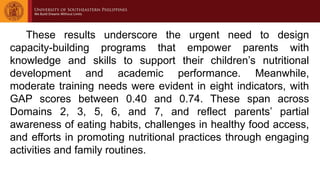 These results underscore the urgent need to design
capacity-building programs that empower parents with
knowledge and skills to support their children’s nutritional
development and academic performance. Meanwhile,
moderate training needs were evident in eight indicators, with
GAP scores between 0.40 and 0.74. These span across
Domains 2, 3, 5, 6, and 7, and reflect parents’ partial
awareness of eating habits, challenges in healthy food access,
and efforts in promoting nutritional practices through engaging
activities and family routines.
 