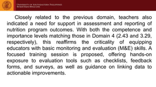 Closely related to the previous domain, teachers also
indicated a need for support in assessment and reporting of
nutrition program outcomes. With both the competence and
importance levels matching those in Domain 4 (2.43 and 3.29,
respectively), this reaffirms the criticality of equipping
educators with basic monitoring and evaluation (M&E) skills. A
focused training session is proposed, offering hands-on
exposure to evaluation tools such as checklists, feedback
forms, and surveys, as well as guidance on linking data to
actionable improvements.
 