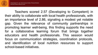 Teachers scored 2.57 (Developing to Competent) in
their ability to collaborate with local health professionals, with
an importance level of 2.86, signaling a modest yet notable
gap. Given the relevance of community partnerships in
promoting learner well-being, this finding supports the need
for a collaborative learning forum that brings together
educators and health professionals. This session would
focus on communication strategies, coordination protocols,
and identification of local nutrition resources to support
school-based initiatives.
 