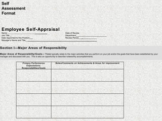 Self Assessment Format Employee Self-Appraisal Name  ___________ Date of Review Job Title  Department___________________________ Date Appointed to this Position___ Review Period___ _ ____________ Manager ’ s Name and Title__ _____________________________________________________________ Section I — Major Areas of Responsibility  Major Areas of Responsibility/Goals —  T hese  typically relate to the major activities that you perform on your job and/or the goals that have been established by your manager and discussed with you.  This is also an opportunity to describe noteworthy accomplishments.  Primary Performance Expectations: Responsibilities/Goals Notes/Comments on Achievements & Areas for Improvement 