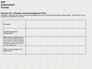 Self Assessment Format Section III — Growth and Development Plan Employee:  Describe two or three of your top strengths and one or two growth/development opportunities.  Provide this to your manager for discussion and review.  Strengths:   Growth/Development Opportunities:  What will you (employee) do?  (This can be as simple as reading a book, serving on a team, observing someone who does it well, asking for feedback on a behavior that you’re trying to change, etc.) What can the manager do to support this?  