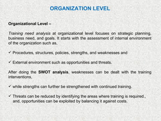 Organizational Level –  Training need analysis  at organizational level focuses on strategic planning, business need, and goals. It starts with the assessment of internal environment of the organization such as,  Procedures, structures, policies, strengths, and weaknesses and  External environment such as opportunities and threats. After doing the  SWOT analysis , weaknesses can be dealt with the training interventions,  while strengths can further be strengthened with continued training.  Threats can be reduced by identifying the areas where training is required., and, opportunities can be exploited by balancing it against costs. ORGANIZATION LEVEL 