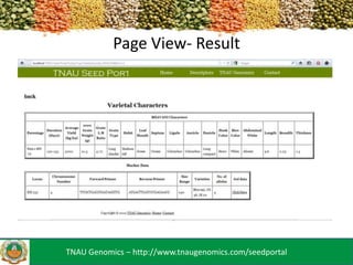 Page View- Result

TNAU Genomics – http://www.tnaugenomics.com/seedportal

 