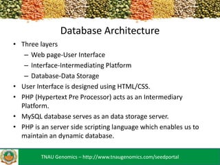 Database Architecture
• Three layers
– Web page-User Interface
– Interface-Intermediating Platform
– Database-Data Storage
• User Interface is designed using HTML/CSS.
• PHP (Hypertext Pre Processor) acts as an Intermediary
Platform.
• MySQL database serves as an data storage server.
• PHP is an server side scripting language which enables us to
maintain an dynamic database.
TNAU Genomics – http://www.tnaugenomics.com/seedportal

 