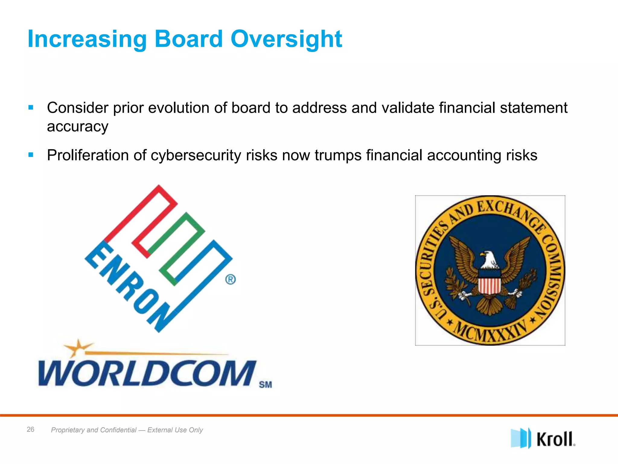 Proprietary and Confidential — External Use Only26
 Consider prior evolution of board to address and validate financial statement
accuracy
 Proliferation of cybersecurity risks now trumps financial accounting risks
Increasing Board Oversight
 