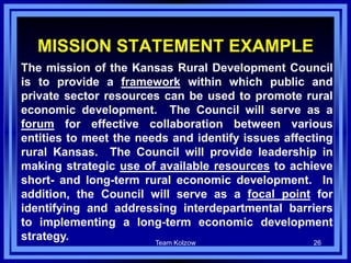Team Kolzow 26
MISSION STATEMENT EXAMPLE
The mission of the Kansas Rural Development Council
is to provide a framework within which public and
private sector resources can be used to promote rural
economic development. The Council will serve as a
forum for effective collaboration between various
entities to meet the needs and identify issues affecting
rural Kansas. The Council will provide leadership in
making strategic use of available resources to achieve
short- and long-term rural economic development. In
addition, the Council will serve as a focal point for
identifying and addressing interdepartmental barriers
to implementing a long-term economic development
strategy.
 