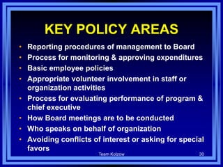 Team Kolzow 30
KEY POLICY AREAS
• Reporting procedures of management to Board
• Process for monitoring & approving expenditures
• Basic employee policies
• Appropriate volunteer involvement in staff or
organization activities
• Process for evaluating performance of program &
chief executive
• How Board meetings are to be conducted
• Who speaks on behalf of organization
• Avoiding conflicts of interest or asking for special
favors
 