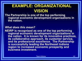 EXAMPLE: ORGANIZATIONAL
VISION
The Partnership is one of the top performing
regional economic development organizations in
the nation.
What does this mean?
NEIRP is recognized as one of the top performing
regional economic development organizations in
the nation. It is known for its innovative practices,
its collaborative approach, its customer service,
and its professional excellence. The Partnership
is successfully leading the Northeast Indiana
region to increased economic prosperity and
business investment.
43Team Kolzow
 