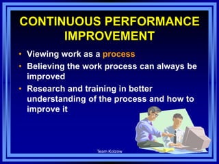 Team Kolzow 54
CONTINUOUS PERFORMANCE
IMPROVEMENT
• Viewing work as a process
• Believing the work process can always be
improved
• Research and training in better
understanding of the process and how to
improve it
 