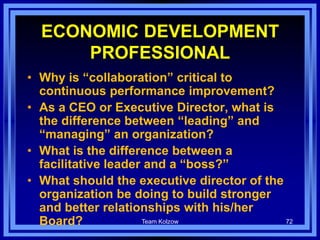 Team Kolzow 72
ECONOMIC DEVELOPMENT
PROFESSIONAL
• Why is “collaboration” critical to
continuous performance improvement?
• As a CEO or Executive Director, what is
the difference between “leading” and
“managing” an organization?
• What is the difference between a
facilitative leader and a “boss?”
• What should the executive director of the
organization be doing to build stronger
and better relationships with his/her
Board?
 