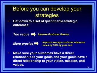 • Get down to a set of quantifiable strategic
outcomes:
Too vague
More precise
• Make sure your outcomes have a direct
relationship to your goals and your goals have a
direct relationship to your vision, mission, and
values.
Before you can develop your
strategies
Improve Customer Service
Improve average customer response
times by 30% by year end
79
 