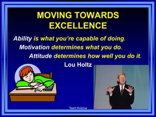 Team Kolzow 9
MOVING TOWARDS
EXCELLENCE
Ability is what you’re capable of doing.
Motivation determines what you do.
Attitude determines how well you do it.
Lou Holtz
 