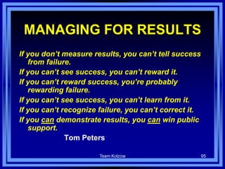 Team Kolzow 95
MANAGING FOR RESULTS
If you don’t measure results, you can’t tell success
from failure.
If you can’t see success, you can’t reward it.
If you can’t reward success, you’re probably
rewarding failure.
If you can’t see success, you can’t learn from it.
If you can’t recognize failure, you can’t correct it.
If you can demonstrate results, you can win public
support.
Tom Peters
 