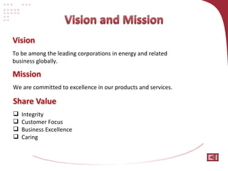 To be among the leading corporations in energy and related business globally.  We are committed to excellence in our products and services. Integrity Customer Focus Business Excellence Caring 