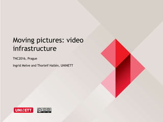 Moving pictures: video
infrastructure
TNC2016, Prague
Ingrid Melve and Thorleif Hallén, UNINETT
 