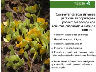 Conservar os ecossistemas
para que as populações
possam ter acesso aos
recursos essenciais à vida, de
formar a:
1. Garantir o acesso aos alimentos
2. Garantir o acesso à água
3. Garantir a qualidade do ar
4. Proteger a saúde humana
5. Permitir a manutenção dos modos de
vidas tradicionais dos povos das florestas
6. Desenvolver infraestrutura inteligente
que concilie crescimento econômico e
conservação.

 