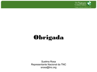 Obrigada

Suelma Rosa
Representante Nacional da TNC
srosa@tnc.org

 