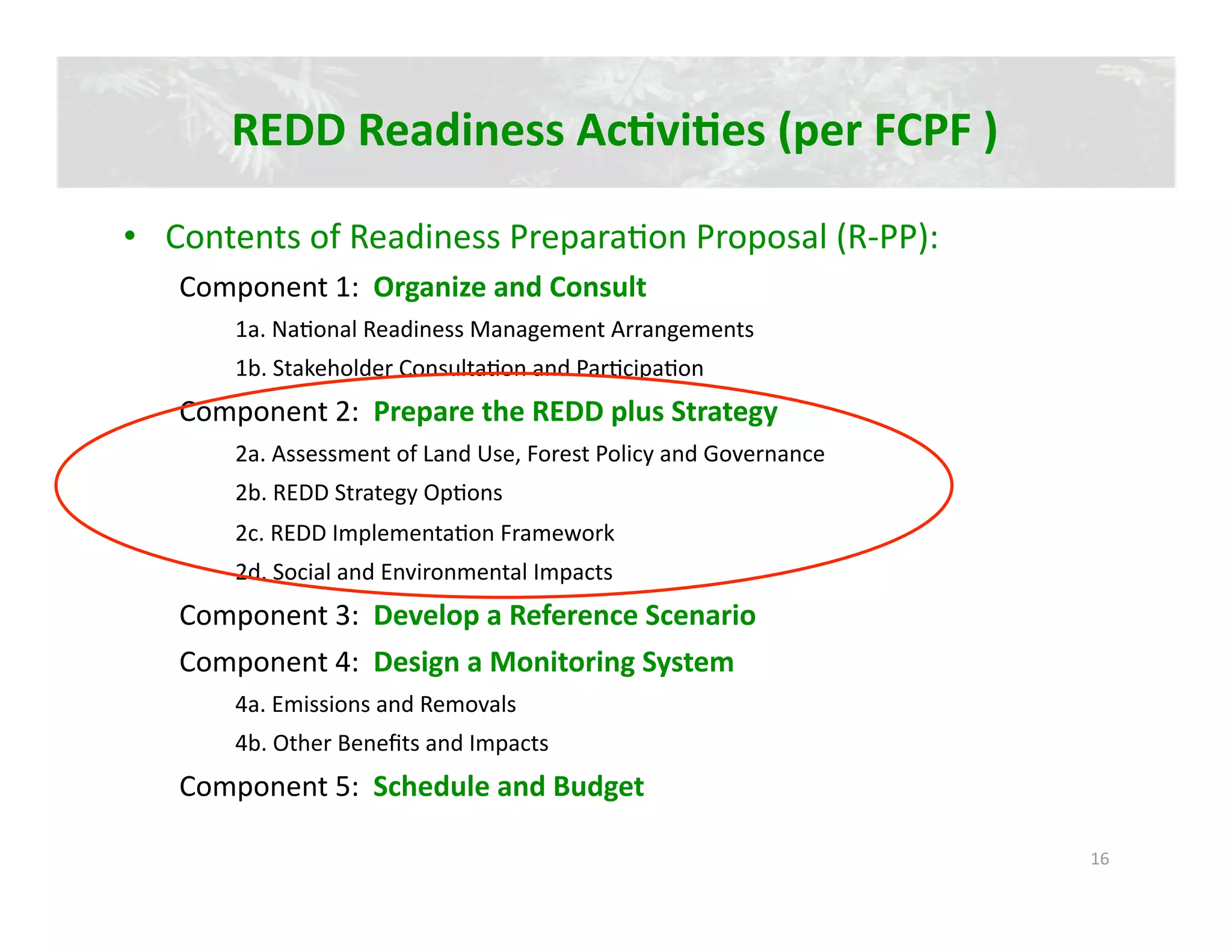 REDD Readiness AcJviJes (per FCPF ) 

•  Contents of Readiness Prepara2on Proposal (R‐PP): 
   Component 1:  Organize and Consult 
       1a. Na2onal Readiness Management Arrangements 
       1b. Stakeholder Consulta2on and Par2cipa2on 
   Component 2:  Prepare the REDD plus Strategy 
       2a. Assessment of Land Use, Forest Policy and Governance 
       2b. REDD Strategy Op2ons 
       2c. REDD Implementa2on Framework 
       2d. Social and Environmental Impacts 
   Component 3:  Develop a Reference Scenario 
   Component 4:  Design a Monitoring System 
       4a. Emissions and Removals 
       4b. Other Beneﬁts and Impacts 
   Component 5:  Schedule and Budget 

                                                                   16 
 