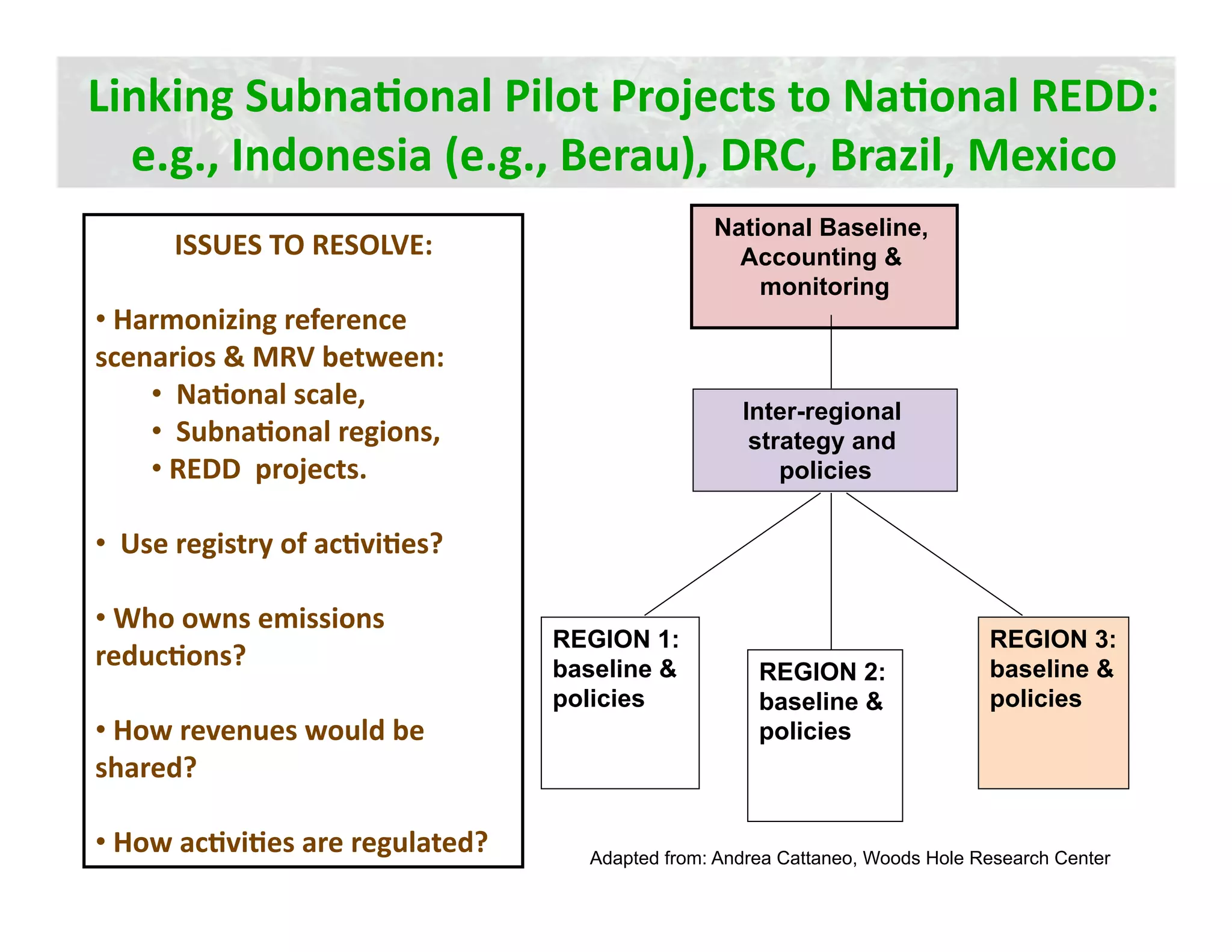 Linking SubnaJonal Pilot Projects to NaJonal REDD: 
  e.g., Indonesia (e.g., Berau), DRC, Brazil, Mexico  
                                                National Baseline,
      ISSUES TO RESOLVE:
                                                  Accounting &
                                                    monitoring
•  Harmonizing reference 
scenarios & MRV between: 
     •   NaJonal scale,   
                                                   Inter-regional
     •   SubnaJonal regions,                        strategy and
     •  REDD  projects.                                policies

•   Use registry of acJviJes? 

•  Who owns emissions 
                                 REGION 1:                                    REGION 3:
reducJons?                       baseline &          REGION 2:                baseline &
                                 policies            baseline &               policies
•  How revenues would be                             policies
shared? 

•  How acJviJes are regulated?     Adapted from: Andrea Cattaneo, Woods Hole Research Center
 