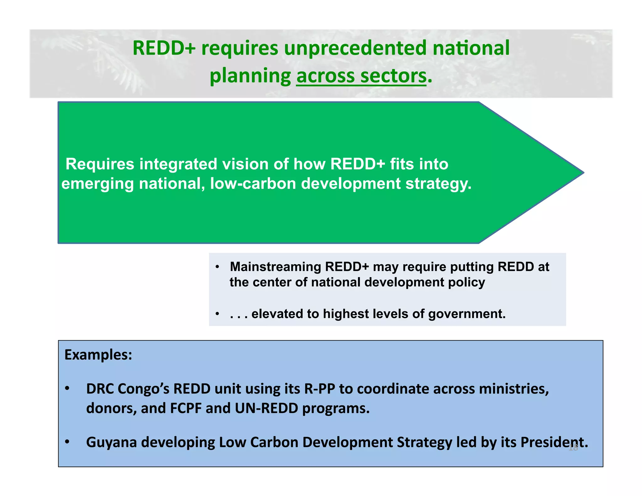 REDD+ requires unprecedented naJonal  
                 planning across sectors.   


Requires integrated vision of how REDD+ fits into
emerging national, low-carbon development strategy.




                      •  Mainstreaming REDD+ may require putting REDD at
                         the center of national development policy

                      •  . . . elevated to highest levels of government.


Examples: 

•  DRC Congo’s REDD unit using its R‐PP to coordinate across ministries, 
   donors, and FCPF and UN‐REDD programs. 

•  Guyana developing Low Carbon Development Strategy led by its President. 
                                                                       18 
 