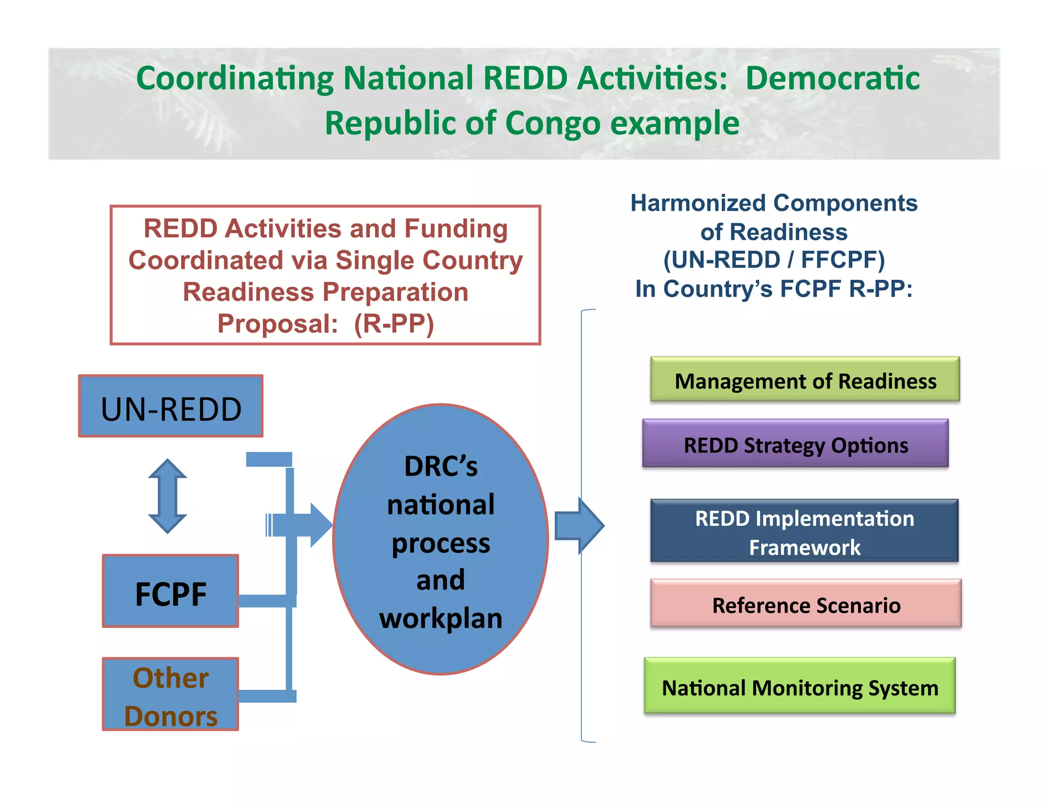 CoordinaJng NaJonal REDD AcJviJes:  DemocraJc 
            Republic of Congo example 

                                  Harmonized Components
  REDD Activities and Funding           of Readiness
 Coordinated via Single Country      (UN-REDD / FFCPF)
    Readiness Preparation         In Country’s FCPF R-PP:
       Proposal: (R-PP)

                                     Management of Readiness 
UN‐REDD  
                                      REDD Strategy OpJons 
                      DRC’s 
                    naJonal            REDD ImplementaJon 
                     process               Framework 
                       and 
 FCPF                                   Reference Scenario 
                    workplan 
 Other                              NaJonal Monitoring System 
 Donors 
 