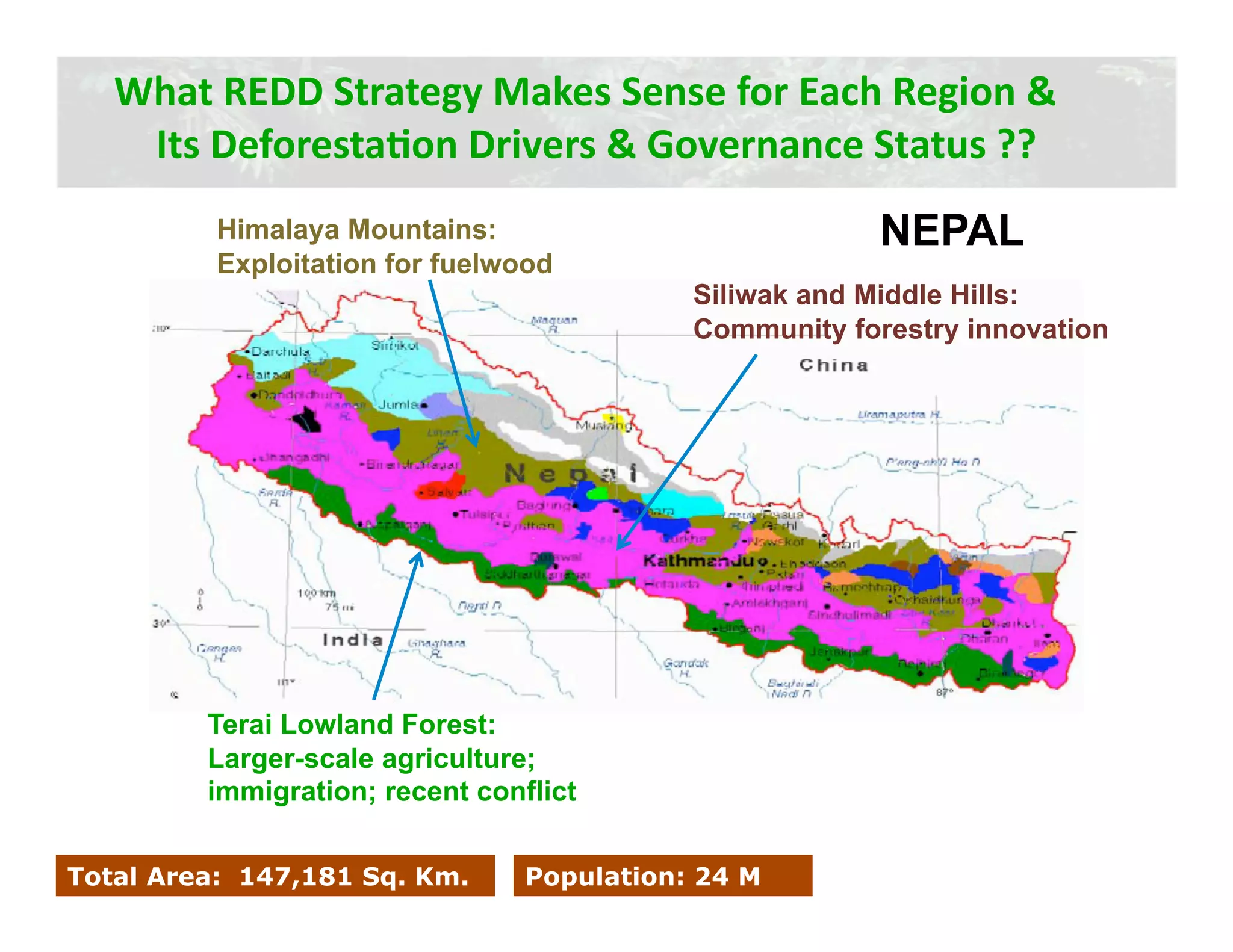 What REDD Strategy Makes Sense for Each Region & 
    Its DeforestaJon Drivers & Governance Status ?? 
          Himalaya Mountains:                            NEPAL
          Exploitation for fuelwood
                                            Siliwak and Middle Hills:
                                            Community forestry innovation




         Terai Lowland Forest:
         Larger-scale agriculture;
         immigration; recent conflict


Total Area: 147,181 Sq. Km.      Population: 24 M
 