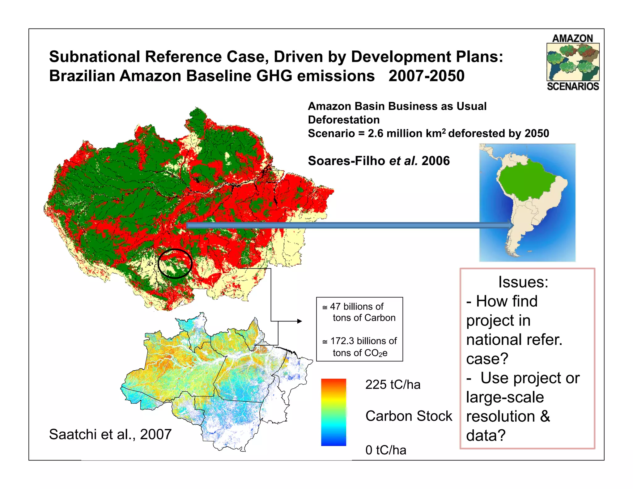 Subnational Reference Case, Driven by Development Plans:
Brazilian Amazon Baseline GHG emissions 2007-2050
                               Amazon Basin Business as Usual
                               Deforestation
                               Scenario = 2.6 million km2 deforested by 2050

                               Soares-Filho et al. 2006




                                                                Issues:
                                 ≅  47 billions of         -  How find
                                     tons of Carbon        project in
                                 ≅  172.3 billions of      national refer.
                                     tons of CO e
                                            2
                                                           case?
                                              225 tC/ha    -  Use project or
                                                           large-scale
                                              Carbon Stock resolution &
Saatchi et al., 2007                                       data?
                                         0 tC/ha
 