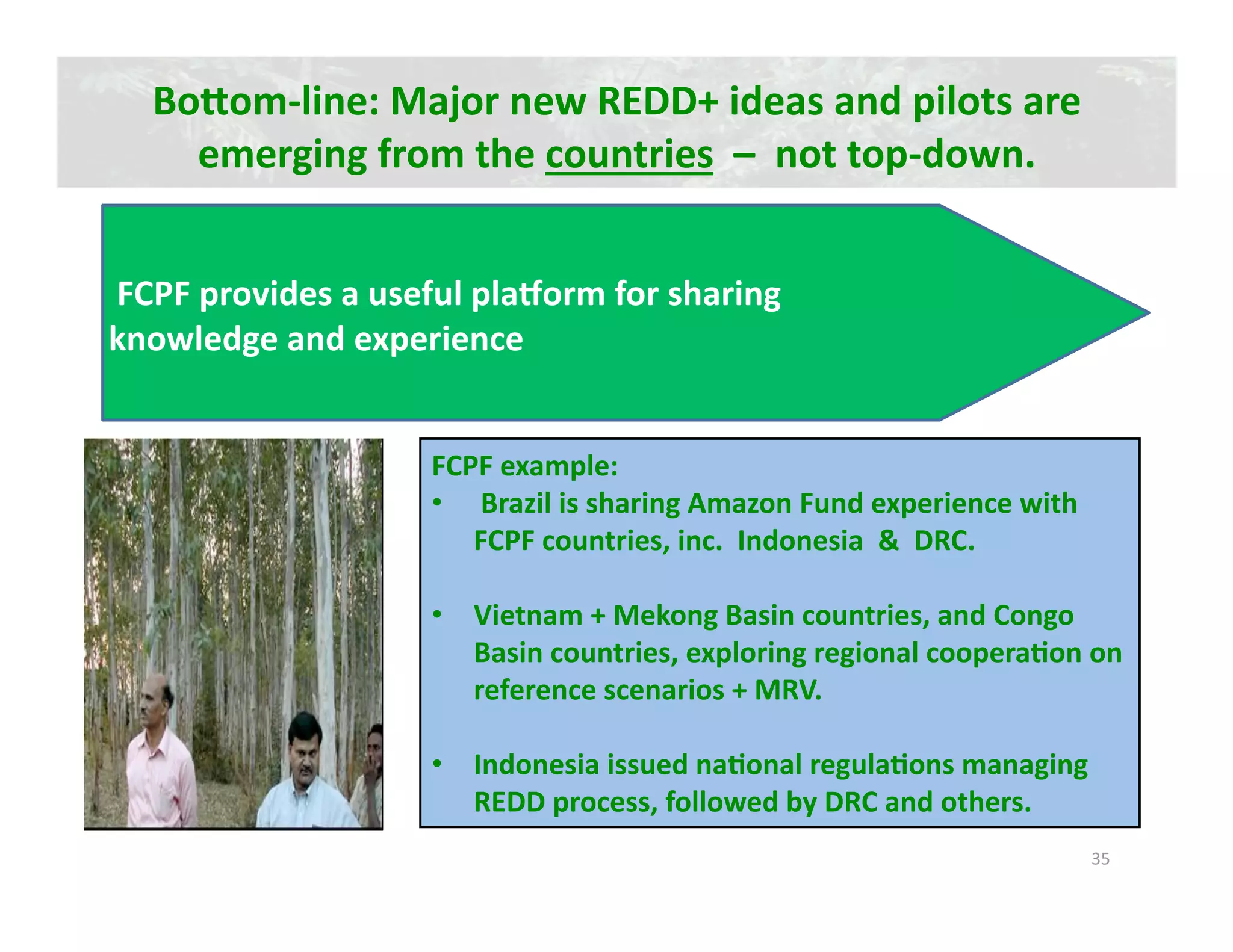 Bonom‐line: Major new REDD+ ideas and pilots are 
    emerging from the countries  –  not top‐down.   


 FCPF provides a useful plamorm for sharing 
knowledge and experience 


                    FCPF example: 
                    •   Brazil is sharing Amazon Fund experience with 
                       FCPF countries, inc.  Indonesia  &  DRC. 

                    •  Vietnam + Mekong Basin countries, and Congo 
                       Basin countries, exploring regional cooperaJon on 
                       reference scenarios + MRV. 

                    •  Indonesia issued naJonal regulaJons managing 
                       REDD process, followed by DRC and others. 
                                                                         35 
 