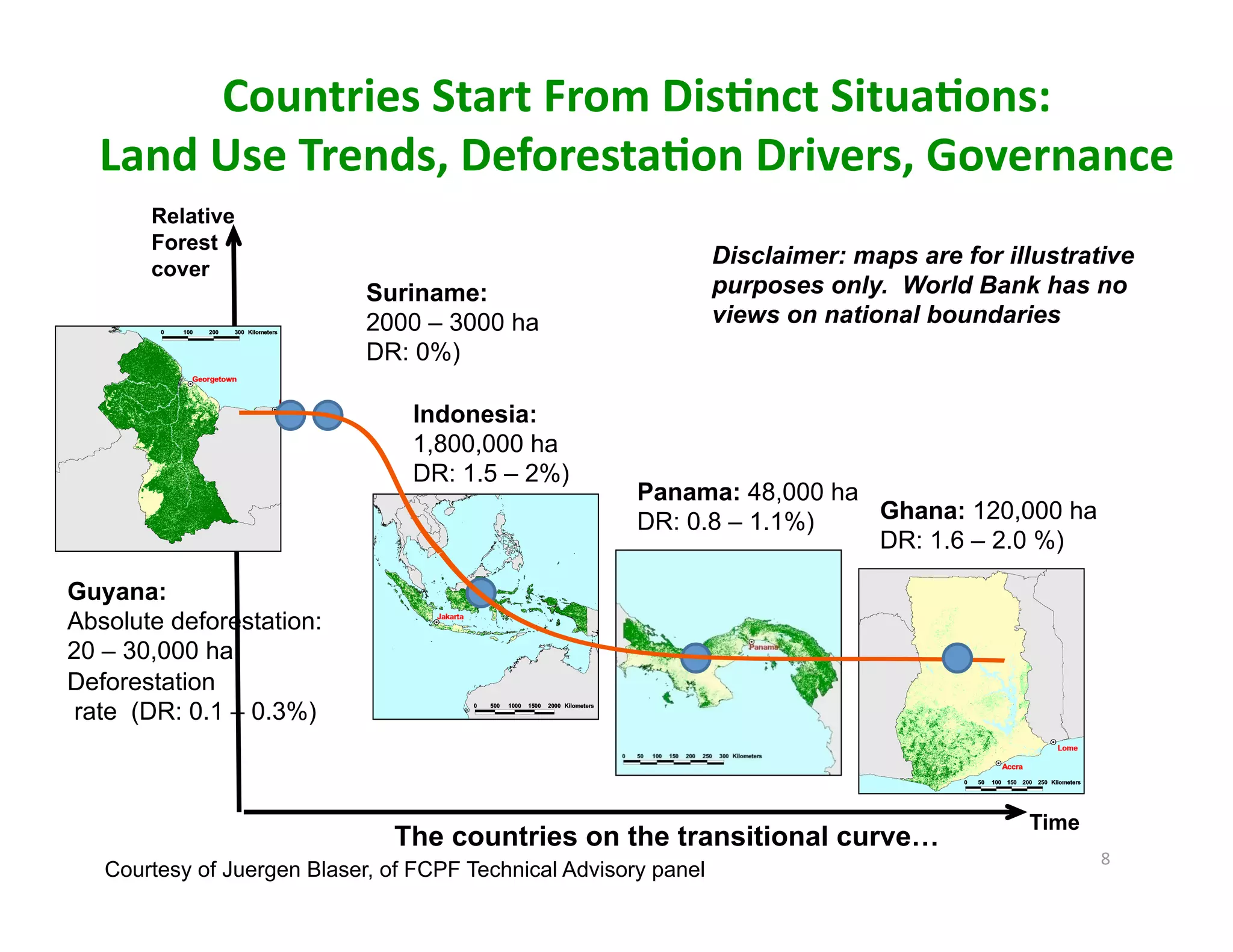 Countries Start From DisJnct SituaJons: 
  Land Use Trends, DeforestaJon Drivers, Governance 
       Relative
       Forest
                                                                  Disclaimer: maps are for illustrative
       cover
                             Suriname:                            purposes only. World Bank has no
                             2000 – 3000 ha                       views on national boundaries
                             DR: 0%)

                                 Indonesia:
                                 1,800,000 ha
                                 DR: 1.5 – 2%)
                                                        Panama: 48,000 ha
                                                        DR: 0.8 – 1.1%)   Ghana: 120,000 ha
                                                                          DR: 1.6 – 2.0 %)

Guyana:
Absolute deforestation:
20 – 30,000 ha,
Deforestation
 rate (DR: 0.1 – 0.3%)



                                                                                             Time
                               The countries on the transitional curve…
                                                                                                    8 
   Courtesy of Juergen Blaser, of FCPF Technical Advisory panel
 