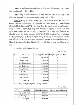 [34] Là số thuế thu nhập đã khấu trừ từ tiền lương, tiền công trả cho cá nhân
thuê ngoài trong kỳ = [30] x 10%.
      [35] Là tổng số thuế mà tổ chức, cá nhân khấu trừ 20% từ thu nhập từ tiền
công, tiền lương đã trả cho cá nhân không cư trú = [31] x 20%.
      Ví dụ 3: Công ty TNHH Sông Ngọc, MST: 0304874634, địa chỉ: 34/56
Đường Đà Nẵng, phường Cầu Tre, thành phố Hải Phòng. Công ty ký hợp đồng lao
động với 13 cá nhân người Việt Nam (hợp đồng dài hạn: 8 người; hợp đồng trên 3
tháng < 1 năm: 2 người; hợp đồng dưới 3 tháng: 03 người) và 01 cá nhân nước
ngoài (thời gian có mặt tại Việt Nam là 100 ngày) các cá nhân này đều đã có bản
đăng ký người phụ thuộc theo mẫu số 16/ĐK-TNCN, ngoài ra Công ty còn thuê
lao động không ký hợp đồng: 02 người (trong đó có một cá nhân có bản cam kết
theo mẫu số 23/CK-TNCN đề nghị cơ quan chi trả tạm thời chưa khấu trừ 10%).
Theo số liệu được tổng hợp tháng 01/2011 từ bộ phận kế toán của Công ty như
sau:
      1. Lao động ký hợp đồng dài hạn
                                                                     Đơn vị: Đồng

       STT        Họ và Tên       Thu nhập chịu thuế      Đăng ký người phụ thuộc
        1    Tô Thanh Bình                   6.800. 000             0
        2    Trần Thị Thanh                   7.500.000             0
        3    Nguyễn Văn Trung                 6.500.000             2
        4    Nguyễn Thị Bẩy                   4.600.000             0
        5    Hoàng Thị Xinh                   5.900.000             1
        6    Lê Hoài Nam                      6.660.000             2
        7    Đỗ Anh Hoàng                     6.800.000             1
        8    Trịnh Lan Anh                    7.800.000             0
                   Cộng (1)                  52.560.000

      2. Lao động ký hợp đồng trên 3 tháng < 1 năm
                                                                     Đơn vị: Đồng

       STT        Họ và Tên        Thu nhập chịu thuế     Đăng ký người phụ thuộc
         1   Nguyên Thị Trinh                 3.600.000                             0
         2   Lê Anh Nguyên                    4.800.000                             0
                   Cộng (2)                   8.400.000

                                        23
 