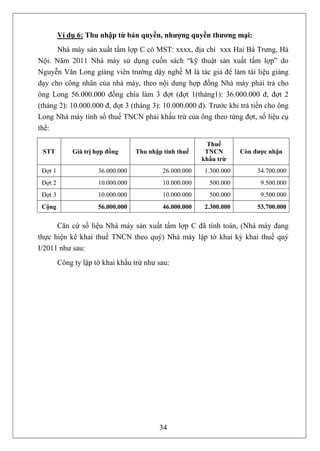Ví dụ 6: Thu nhập từ bản quyền, nhượng quyền thương mại:
      Nhà máy sản xuất tấm lợp C có MST: xxxx, địa chỉ xxx Hai Bà Trưng, Hà
Nội. Năm 2011 Nhà máy sử dụng cuốn sách “kỹ thuật sản xuất tấm lợp” do
Nguyễn Văn Long giảng viên trường dậy nghề M là tác giả để làm tài liệu giảng
dạy cho công nhân của nhà máy, theo nội dung hợp đồng Nhà máy phải trả cho
ông Long 56.000.000 đồng chia làm 3 đợt (đợt 1(tháng1): 36.000.000 đ, đợt 2
(tháng 2): 10.000.000 đ, đợt 3 (tháng 3): 10.000.000 đ). Trước khi trả tiền cho ông
Long Nhà máy tính số thuế TNCN phải khấu trừ của ông theo từng đợt, số liệu cụ
thể:

                                                          Thuế
 STT          Giá trị hợp đồng     Thu nhập tính thuế     TNCN       Còn được nhận
                                                         khấu trừ
 Đợt 1                36.000.000            26.000.000   1.300.000        34.700.000
 Đợt 2                10.000.000            10.000.000     500.000         9.500.000
 Đợt 3                10.000.000            10.000.000     500.000         9.500.000
 Cộng                 56.000.000            46.000.000   2.300.000        53.700.000


      Căn cứ số liệu Nhà máy sản xuất tấm lợp C đã tính toán, (Nhà máy đang
thực hiện kê khai thuế TNCN theo quý) Nhà máy lập tờ khai kỳ khai thuế quý
I/2011 như sau:
         Công ty lập tờ khai khấu trừ như sau:




                                           34
 
