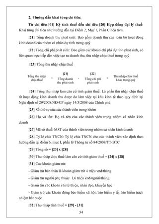 2. Hướng dẫn khai từng chỉ tiêu:
      Từ chỉ tiêu [01] Kỳ tính thuế đến chỉ tiêu [20] Hợp đồng đại lý thuế:
Khai từng chỉ tiêu như hướng dẫn tại Điểm 2, Mục I, Phần C nêu trên.
      [21] Tổng doanh thu phát sinh: Bao gồm doanh thu của toàn bộ hoạt động
kinh doanh của nhóm cá nhân dự tính trong quý
       [22] Tổng chi phí phát sinh: Bao gồm các khoản chi phí dự tính phát sinh, có
liên quan trực tiếp đến việc tạo ra doanh thu, thu nhập chịu thuế trong quý

        [23] Tổng thu nhập chịu thuế

                               [21]                     [22]
     Tổng thu nhập                                                     Thu nhập chịu thuế
                       =    Tổng doanh     -        Tổng chi phí   +
       chịu thuế                                                         khác trong quý
                           thu phát sinh             phát sinh

       [24] Tổng thu nhập làm căn cứ tính giảm thuế: Là phần thu nhập chịu thuế
từ hoạt động kinh doanh thu được do làm việc tại khu kinh tế theo quy định tại
Nghị định số 29/2008/NĐ-CP ngày 14/3/2008 của Chính phủ
        [25] Số thứ tự của các thành viên trong nhóm
        [26] Họ và tên: Họ và tên của các thành viên trong nhóm cá nhân kinh
doanh
        [27] Mã số thuế: MST của thành viên trong nhóm cá nhân kinh doanh
     [28] Tỷ lệ chia TNCN: Tỷ lệ chia TNCN cho các thành viên xác định theo
hướng dẫn tại điểm 6, mục I, phần B Thông tư số 84/2008/TT-BTC
        [29] Tổng số = [23] x [28]
        [30] Thu nhập chịu thuế làm căn cứ tính giảm thuế = [24] x [28]
        [31] Các khoản giảm trừ:
        - Giảm trừ bản thân là khoản giảm trừ 4 triệu vnđ/tháng
        - Giảm trừ người phụ thuộc 1,6 triệu vnđ/người/tháng
        - Giảm trừ các khoản chi từ thiện, nhân đạo, khuyến học
     - Giảm trừ các khoản đóng bảo hiểm xã hội, bảo hiểm y tế, bảo hiểm trách
nhiệm bắt buộc
        [32] Thu nhập tính thuế = [29] - [31]
                                               54
 