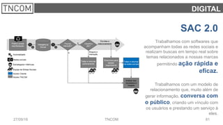 8127/09/16 TNCOM
DIGITAL
SAC 2.0
Trabalhamos com softwares que
acompanham todas as redes sociais e
realizam buscas em tempo real sobre
temas relacionados a nossas marcas
permitindo ação rápida e
eficaz.
Trabalhamos com um modelo de
relacionamento que, muito além de
gerar informação, conversa com
o público, criando um vínculo com
os usuários e prestando um serviço à
eles.
 