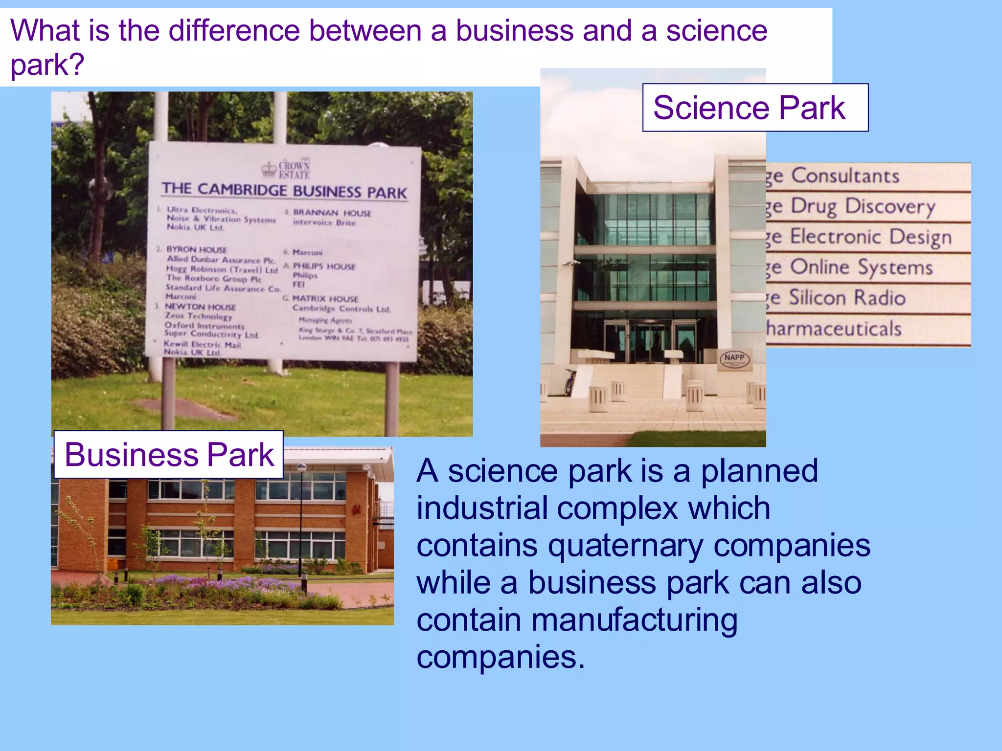 What is the difference between a business and a science park? A science park is a planned industrial complex which  contains quaternary companies while a business park can also contain manufacturing companies. Business Park Science Park 