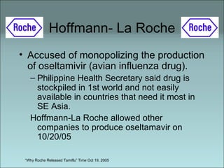 Hoffmann- La Roche Accused of monopolizing the production of oseltamivir (avian influenza drug).  Philippine Health Secretary said drug is stockpiled in 1st world and not easily available in countries that need it most in SE Asia. Hoffmann-La Roche allowed other companies to produce oseltamavir on 10/20/05 “ Why Roche Released Tamiflu” Time Oct 19, 2005 
