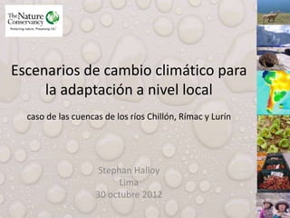 Escenarios de cambio climático para
la adaptación a nivel local
caso de las cuencas de los ríos Chillón, Rímac y Lurín
Stephan Halloy
Lima
30 octubre 2012
 