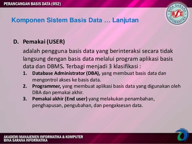 Komponen Sistem Basis Data … Lanjutan D. Pemakai (USER) adalah pengguna basis data yang berinteraksi secara tidak langsung...