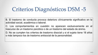 Criterios Diagnósticos DSM -5
10
B. El trastorno de conducta provoca deterioro clínicamente significativo en la
actividad social, académica o laboral.
C. Los comportamientos en cuestión no aparecen exclusivamente en el
trascurso de un trastorno psicótico o de un trastorno del estado de ánimo.
D. No se cumplen los criterios de trastorno disocial y si el sujeto tiene 18 años
o más tampoco los de trastorno antisocial de la personalidad.
 