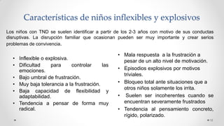 Características de niños inflexibles y explosivos
Los niños con TND se suelen identificar a partir de los 2-3 años con motivo de sus conductas
disruptivas. La disrupción familiar que ocasionan pueden ser muy importante y crear serios
problemas de convivencia.
12
• Inflexible o explosiva.
• Dificultad para controlar las
emociones.
• Bajo umbral de frustración.
• Muy baja tolerancia a la frustración.
• Baja capacidad de flexibilidad y
adaptabilidad.
• Tendencia a pensar de forma muy
radical.
• Mala respuesta a la frustración a
pesar de un alto nivel de motivación.
• Episodios explosivos por motivos
triviales.
• Bloqueo total ante situaciones que a
otros niños solamente los irrita.
• Suelen ser incoherentes cuando se
encuentran severamente frustrados
• Tendencia al pensamiento concreto,
rígido, polarizado.
 