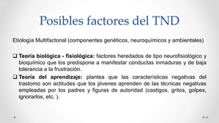 Posibles factores del TND
Etiología Multifactorial (componentes genéticos, neuroquímicos y ambientales)
 Teoría biológica - fisiológica: factores heredados de tipo neurofisiológico y
bioquímico que los predispone a manifestar conductas inmaduras y de baja
tolerancia a la frustración.
 Teoría del aprendizaje: plantea que las características negativas del
trastorno son actitudes que los jóvenes aprenden de las técnicas negativas
empleadas por los padres y figuras de autoridad (castigos, gritos, golpes,
ignorarlos, etc. ).
16
 