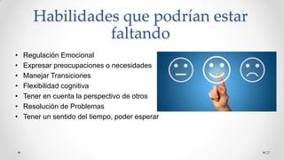 Habilidades que podrían estar
faltando
• Regulación Emocional
• Expresar preocupaciones o necesidades
• Manejar Transiciones
• Flexibilidad cognitiva
• Tener en cuenta la perspectivo de otros
• Resolución de Problemas
• Tener un sentido del tiempo, poder esperar
27
 