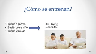 ¿Cómo se entrenan?
• Sesión a padres.
• Sesión con el niño.
• Sesión Vincular
33
Rol Playing.
Modelado.
 