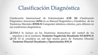 Clasificación Diagnóstica
8
Clasificación Internacional de Enfermedades (CIE 10) Clasificación
Psiquiatrica Americana (APA) en su Manual Diagnóstico y Estadistico de los
Trastornos Mentales (DSM-5) Comparten idénticos criterios, pero difieren en
sus condiciones diagnósticas.
 DSM-5 lo incluye en los Trastornos destructivos del control de los
impulsos y de la conducta: Trastorno Negativista Desafiante 313.81(F91.3)
 CIE 10 se considera un sub tipo menos grave de Trastorno Disocial:
Trastorno Disocial Desafiante y Oposicionista (F91.3)
 